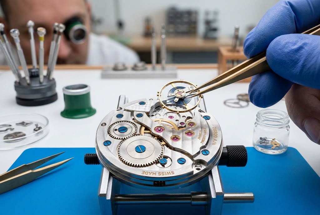 A watchmaker setting a balance wheel into a Swiss movement with tweezers